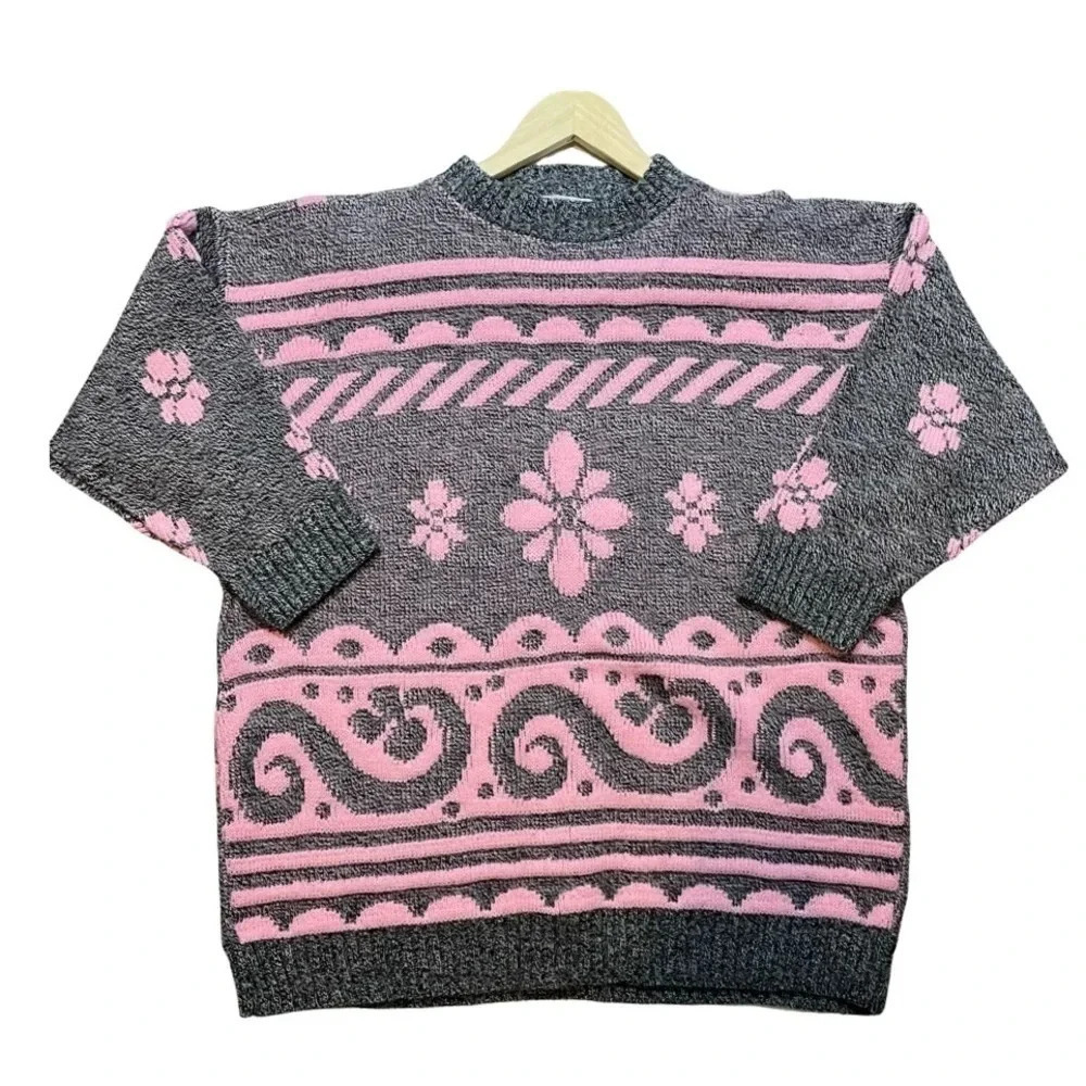 Vintage Custom Designs Floral Pastel Grandma Sweater Fairy Kei Knit Large